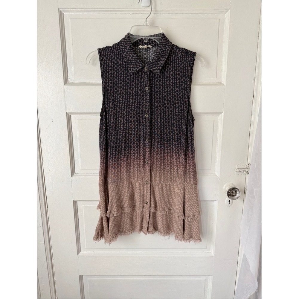Mystree Sleeveless Ombre Tunic Top Tiered Fringe Hem Collared Button Front Boho